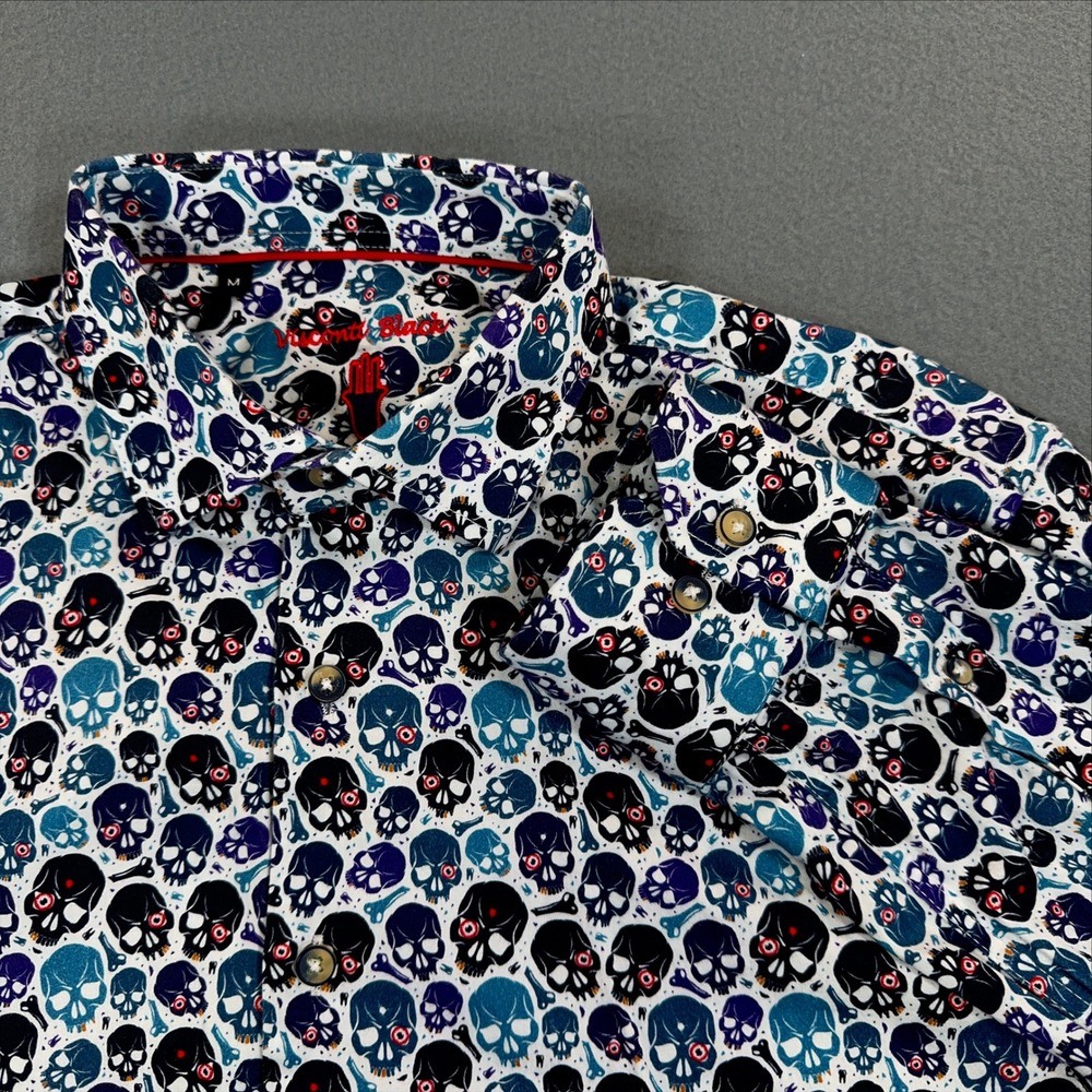 Visconti Black Mens Medium Skull Print Long Sleeve Button Down Shirt Blue Purple